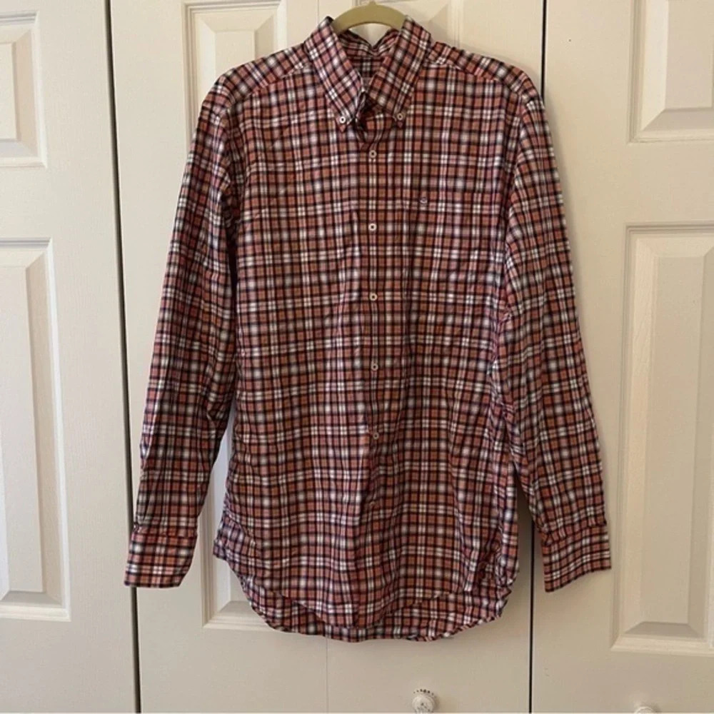 𝅺SOUTHERN Tide Long Sleeve Plaid Size M Fish Logo‎ Pink Blue White